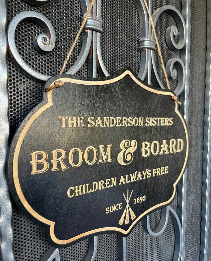 Halloween Sanderson Sisters “Broom & Board” laser engraved wooden sign, door hanger, decor