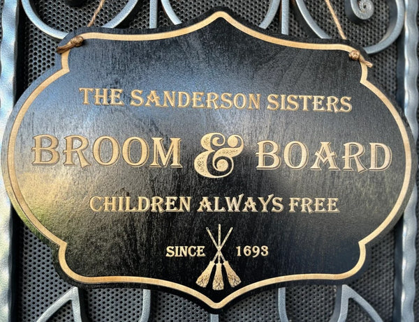 Halloween Sanderson Sisters “Broom & Board” laser engraved wooden sign, door hanger, decor